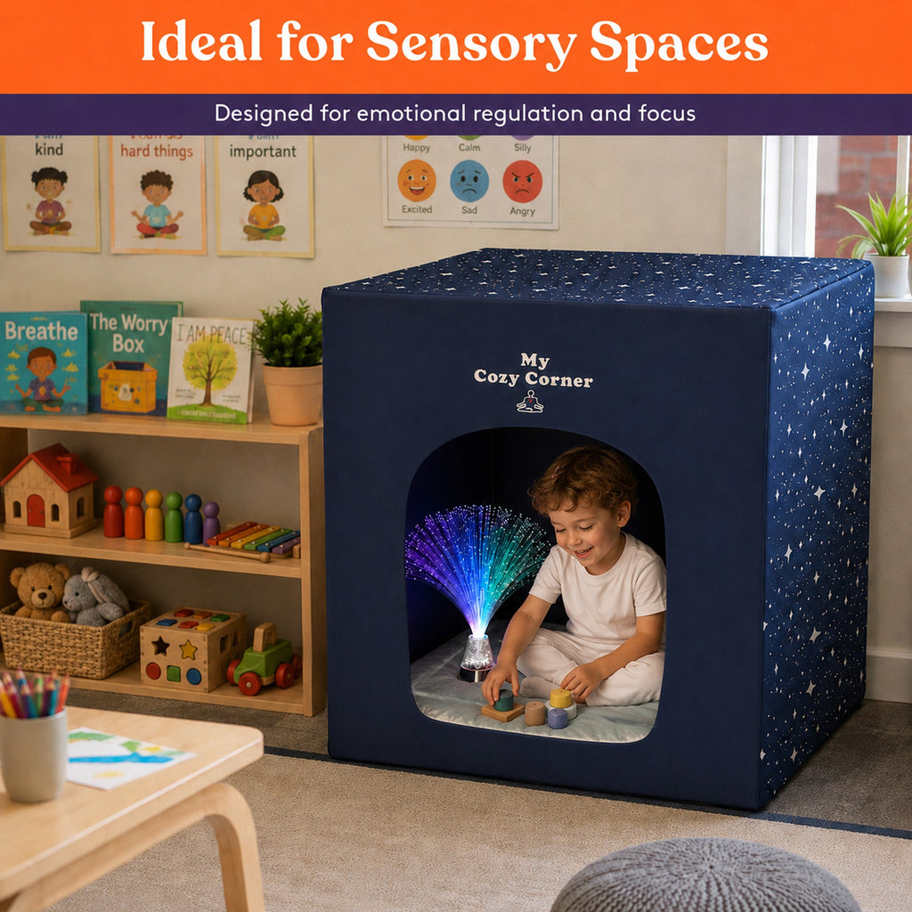 Children playing inside blackout sensory tent with fiber optic lamp