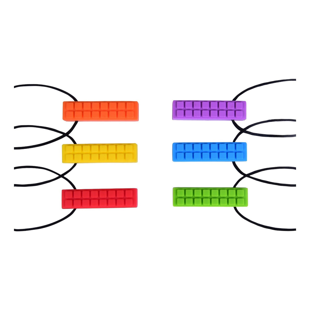 Chewy Blocks Necklace - Calming Textured Chewy Silicone Pendant for Autism & Oral Motor Special Needs Kids in various bright colors with black adjustable cords for sensory and oral motor support.