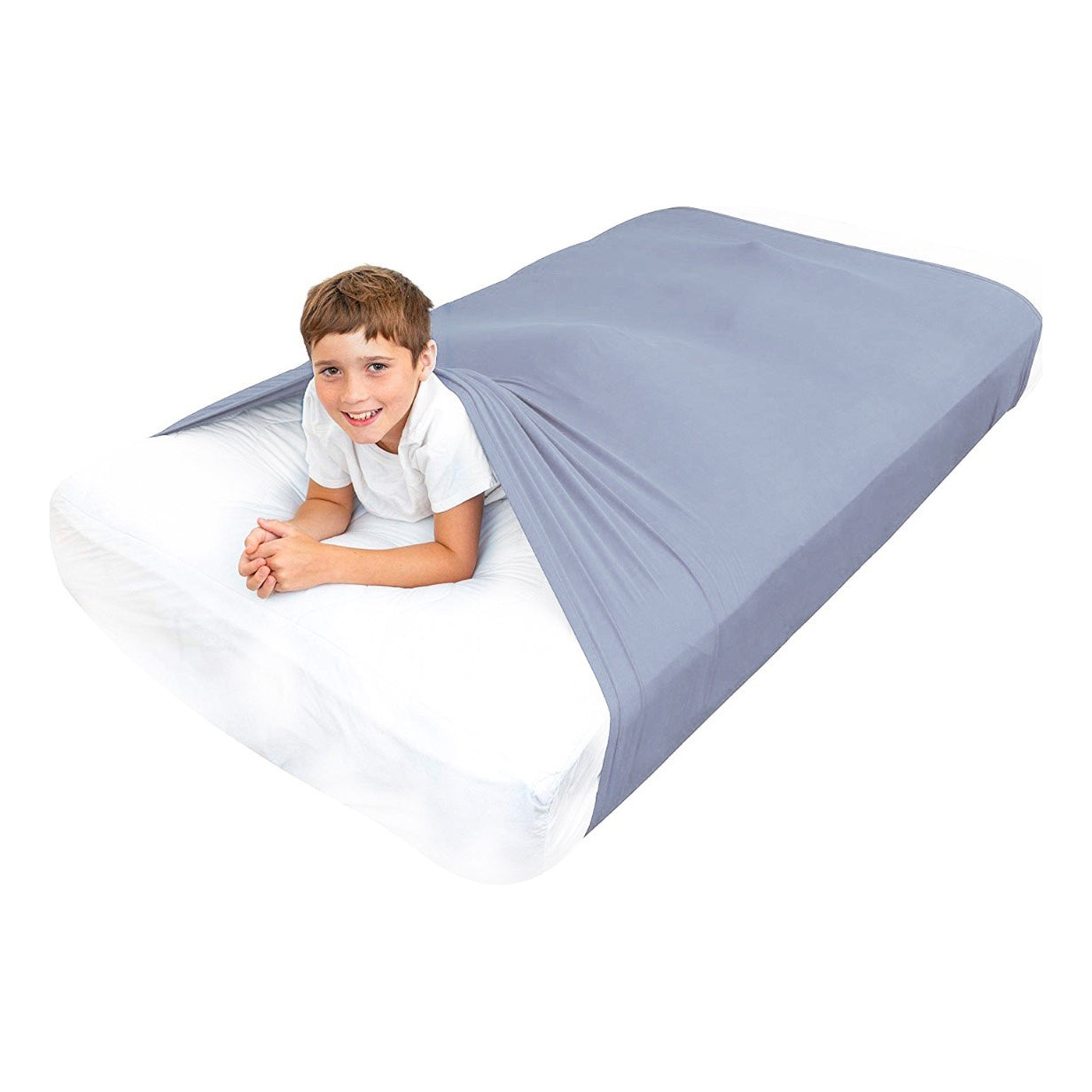 JahBri gray sensory compression bed sheet fitted on a kids bed for calming deep-pressure support