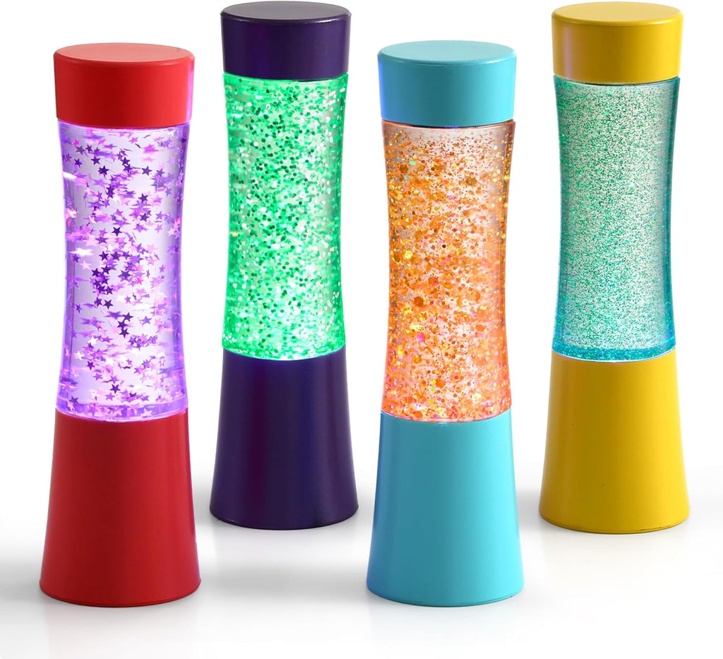 Light-up glitter sensory tubes 4-pack in red, purple, teal, and yellow