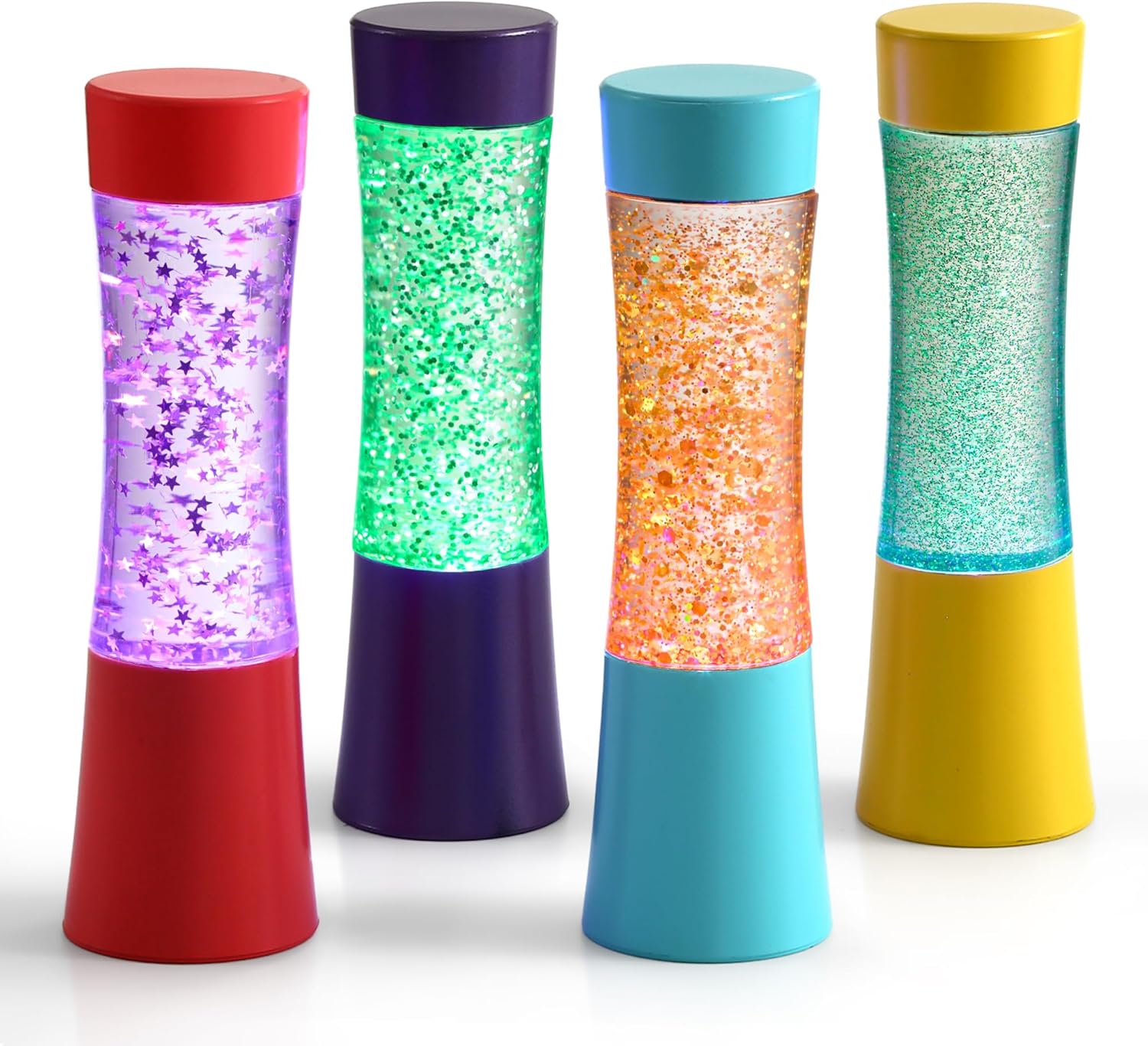 Light-up glitter sensory tubes 4-pack in red, purple, teal, and yellow