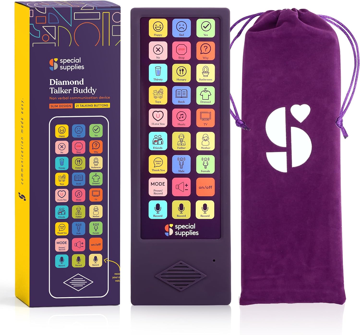 Close-up of the Talker Buddy device showing over 20 colorful soft-touch recordable buttons
