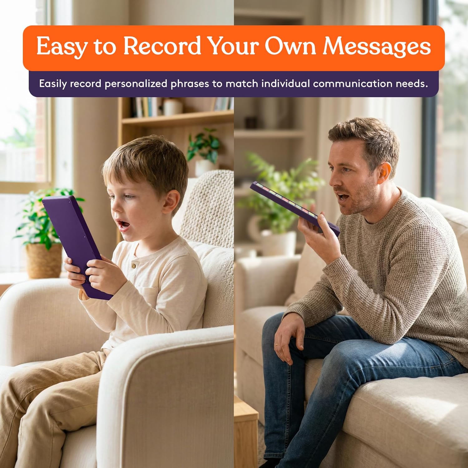 Adult and child sitting together using the Talker Buddy communication device at home
