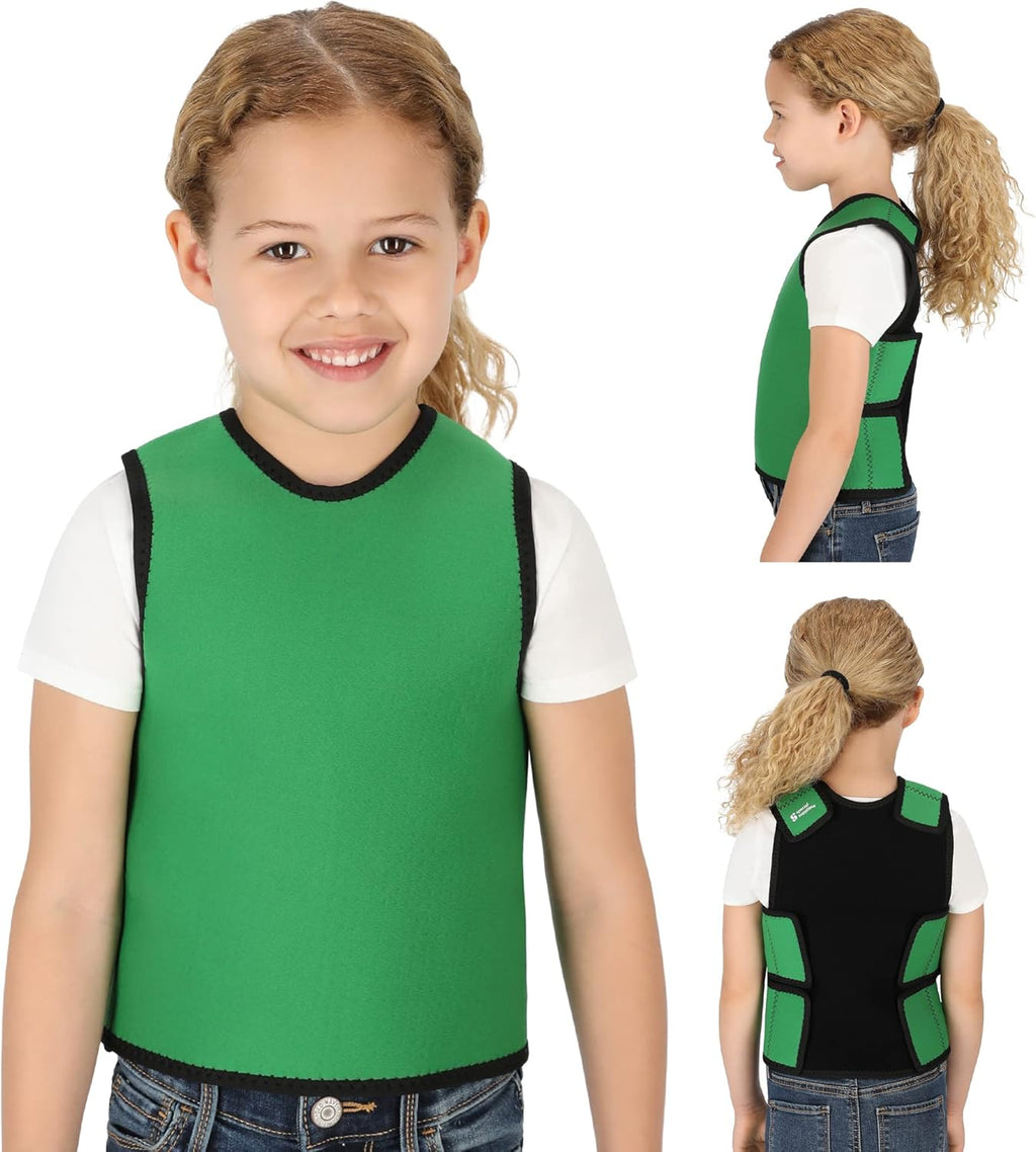 Child wearing a green and black Deep Pressure Sensory Compression Vest smiling, shown from front, side, and back views, designed to provide calming sensory support.