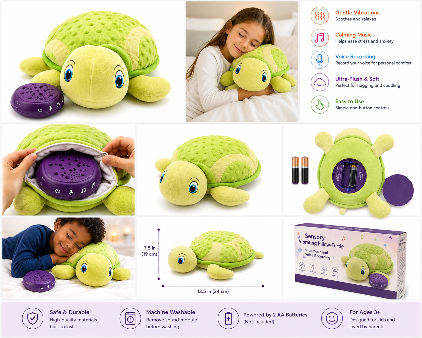 Sensory Vibrating Pillow-Turtle with Music and Voice Recording is a soft, green turtle plush toy with gentle vibrations, calming music, voice recording, easy one-button controls, and battery-powered interactive module for sensory play.