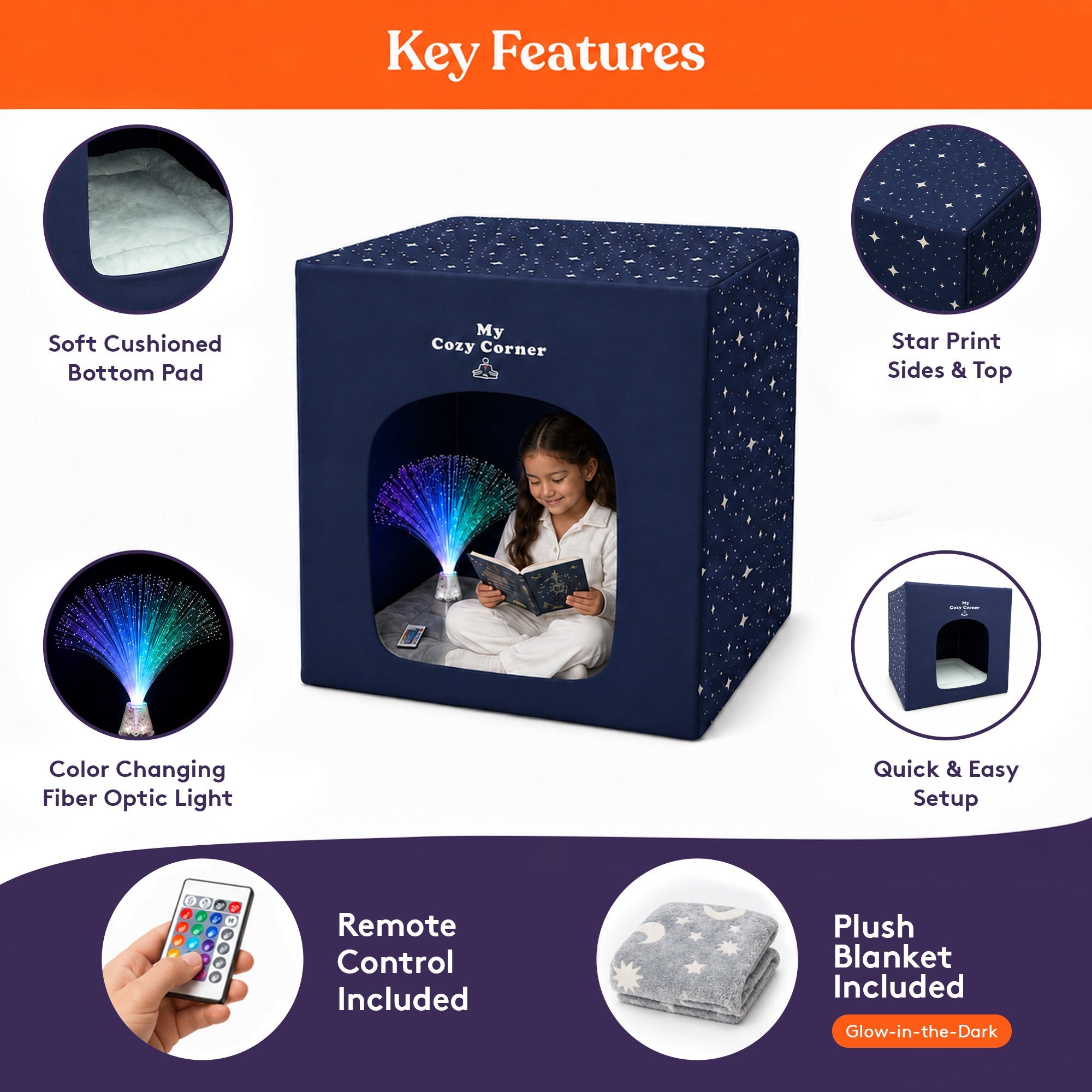 Sensory tent features including fiber optic lamp and glow blanket