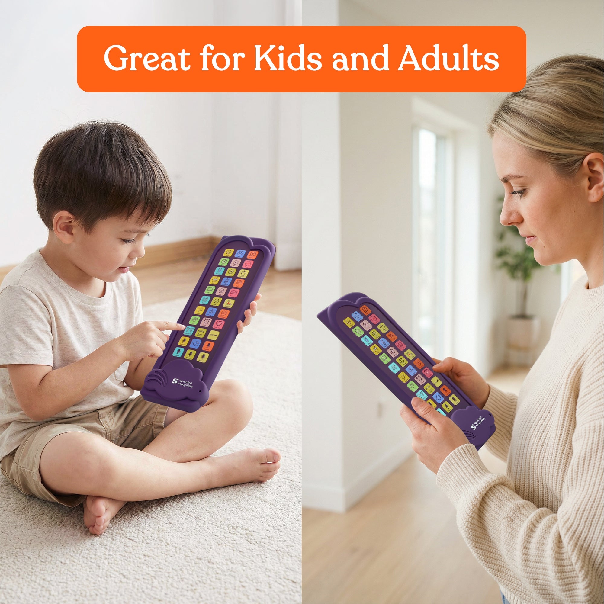Child pressing a button on the Talker Buddy communication device to play a recorded message
