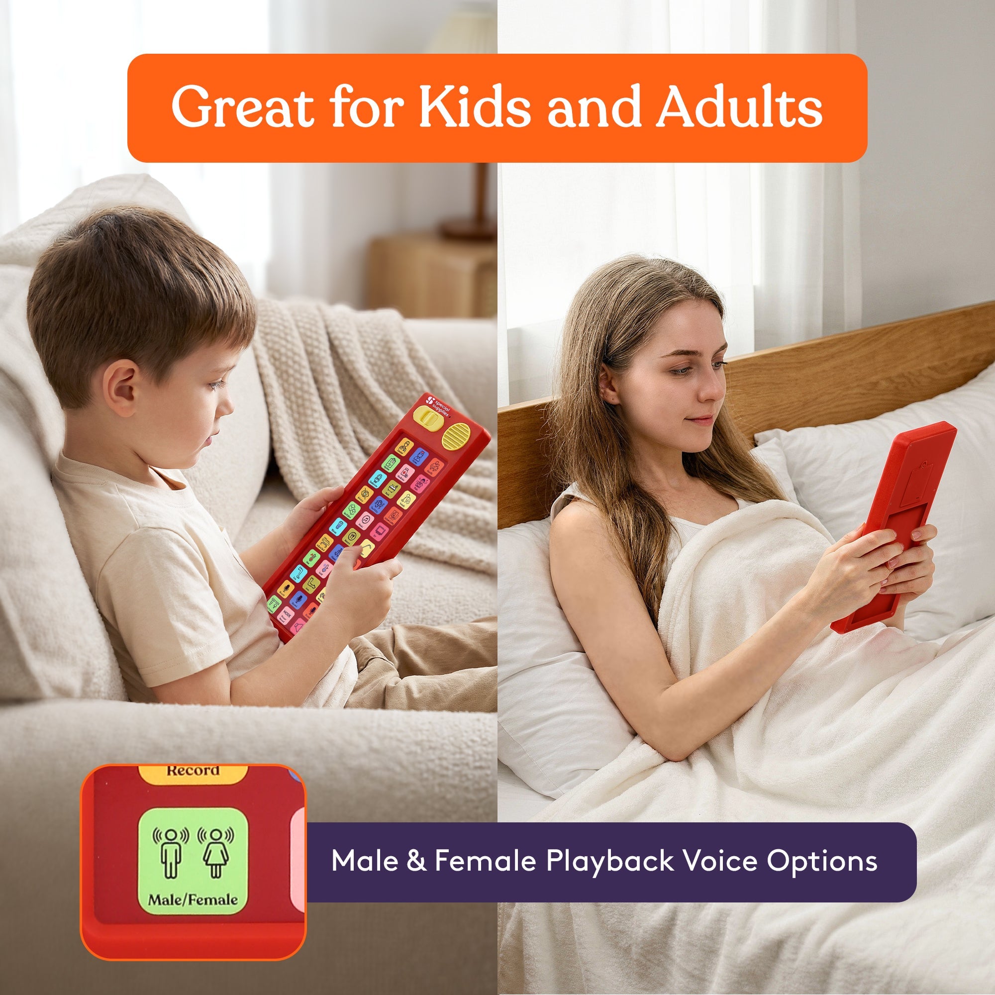 Child using the Talker Buddy recordable communication device at home