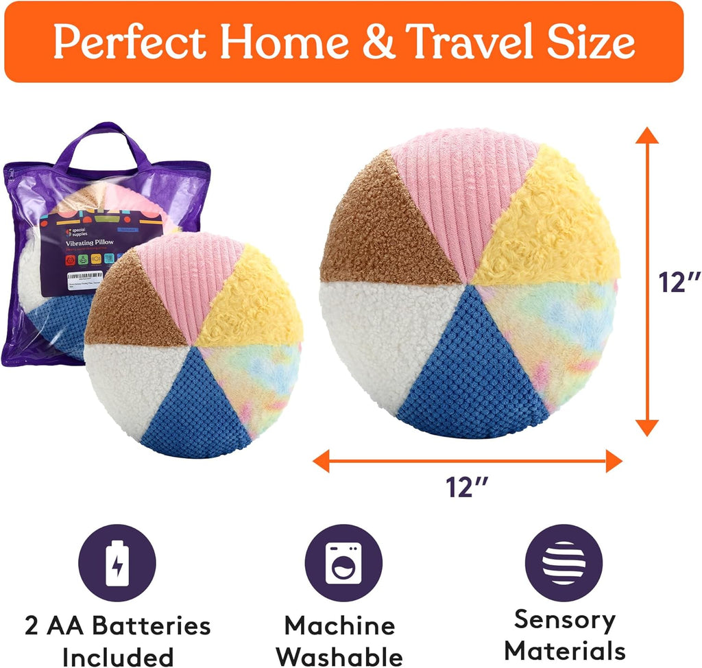 Child hugging vibrating sensory pillow for calm support