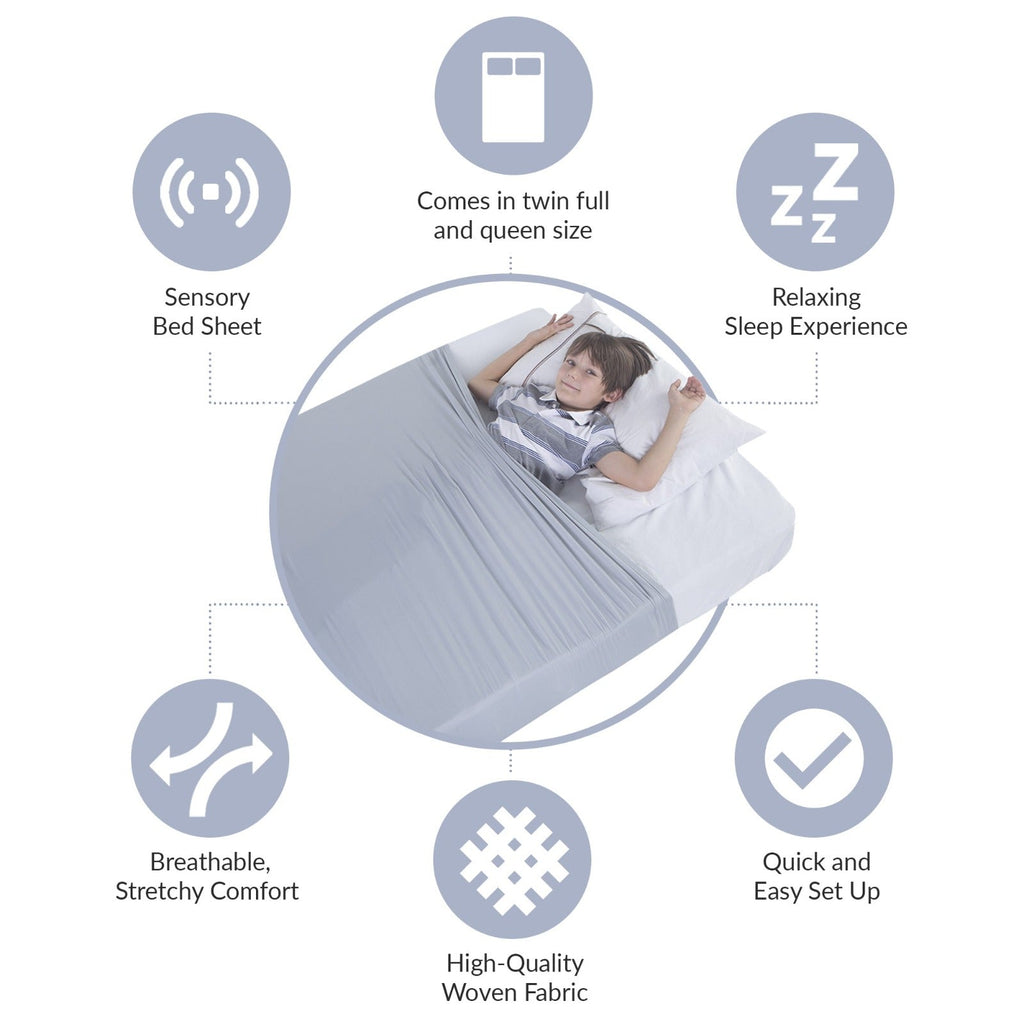 JahBri sensory compression bed sheet shown flat against a white background, gray breathable stretch fabric
