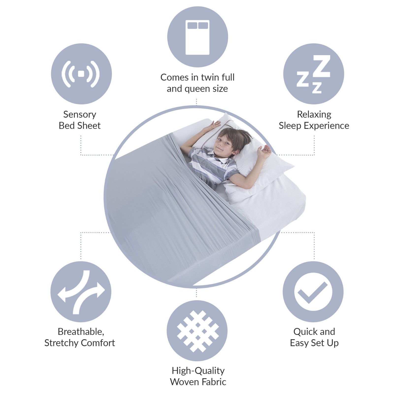 JahBri sensory compression bed sheet shown flat against a white background, gray breathable stretch fabric