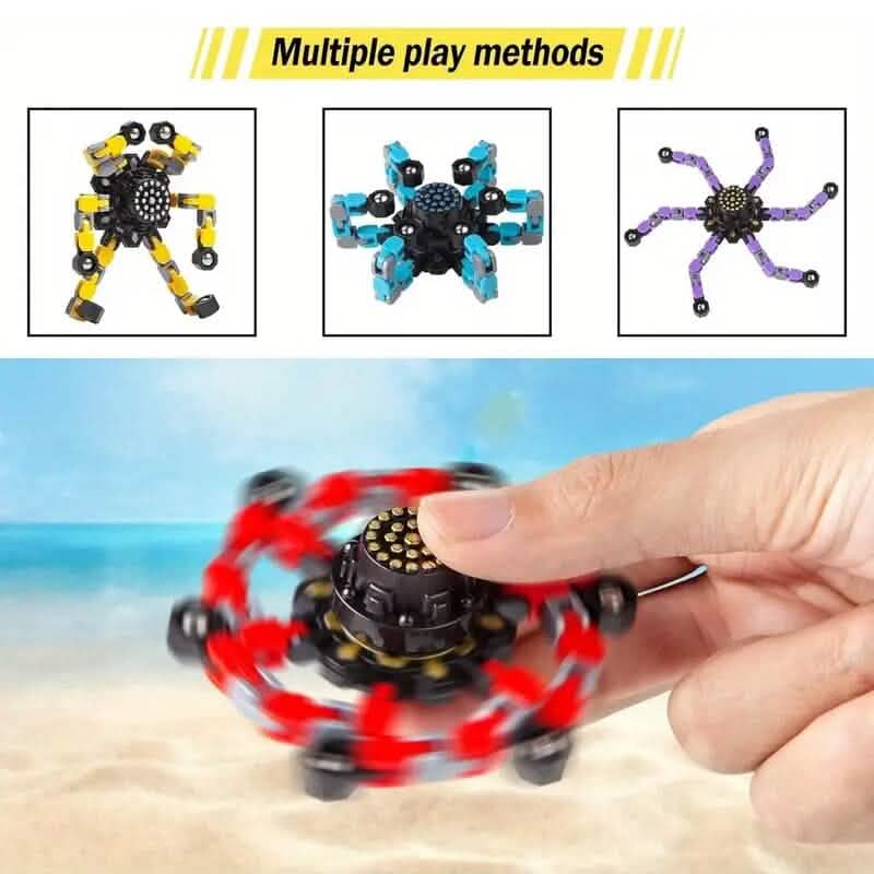 Hand holding a spinning red and black shape-shifting sensory toy on a beach background with inset images showing the 3-Pack Transformable Fidget Spinners | Shape-Shifting Sensory Toys for Kids & Adults in yellow, blue, and purple configurations.