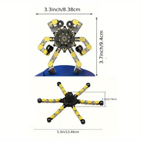 3-Pack Transformable Fidget Spinners | Shape-Shifting Sensory Toys for Kids & Adults showing detailed measurements of one spinner with adjustable arms in yellow and black.