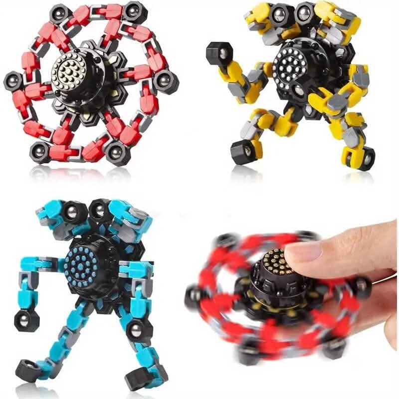 3-Pack Transformable Fidget Spinners | Shape-Shifting Sensory Toys for Kids & Adults shown in red, yellow, and blue colors, demonstrating different shapes and smooth spinning motion.