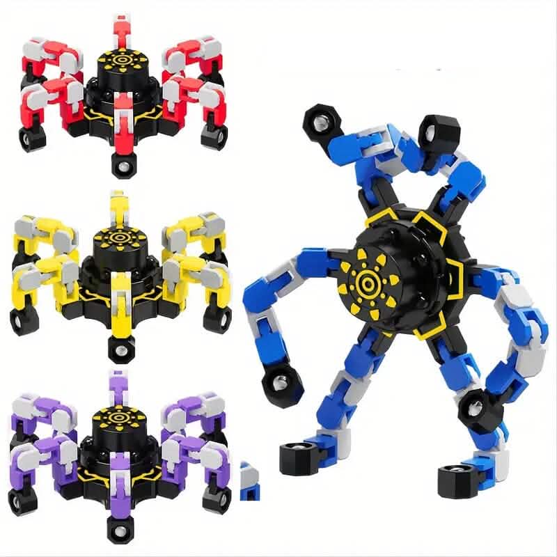 4 colorful 3-Pack Transformable Fidget Spinners | Shape-Shifting Sensory Toys for Kids & Adults, shown as spider-like figures with flexible arms in red, yellow, purple, and blue.