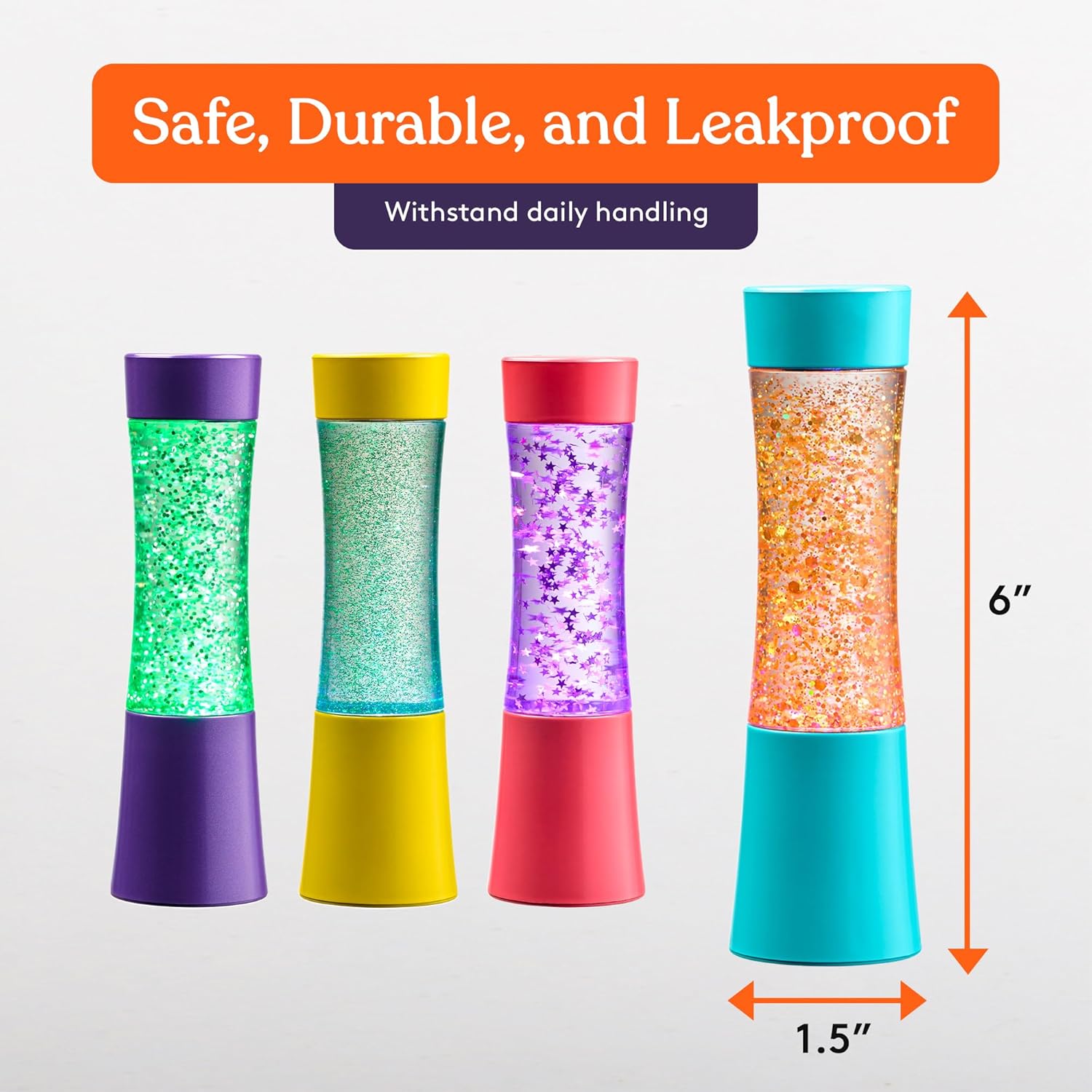 Set of four glitter sensory tubes displayed together on a table