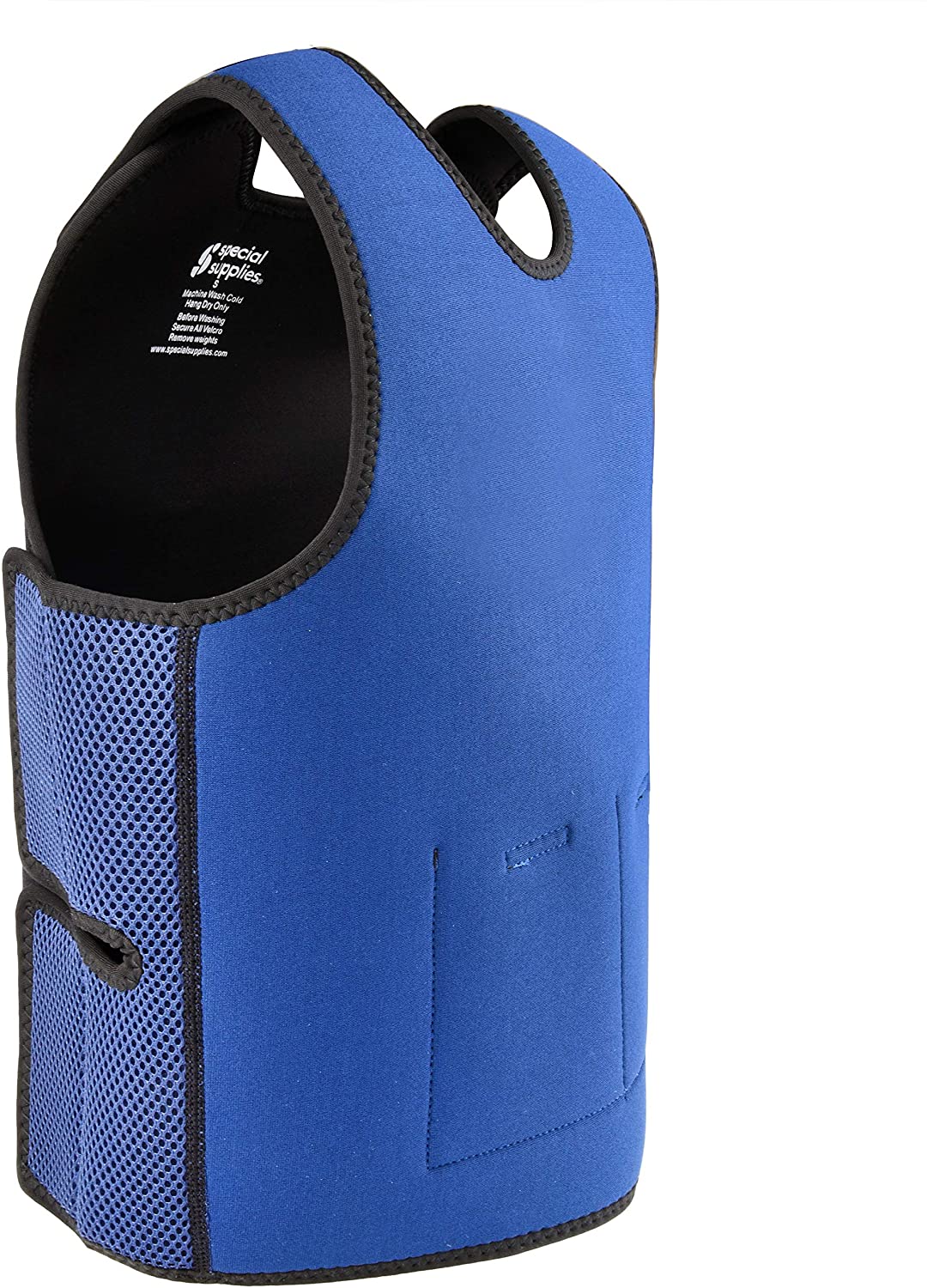 Blue sensory compression vest designed for kids, featuring breathable mesh sides and adjustable fit, WEIGHTED - Sensory Compression Vest for Kids with Processing Disorders ADHD and Autism Calming and Supportive with Adjustable Weight Fit.