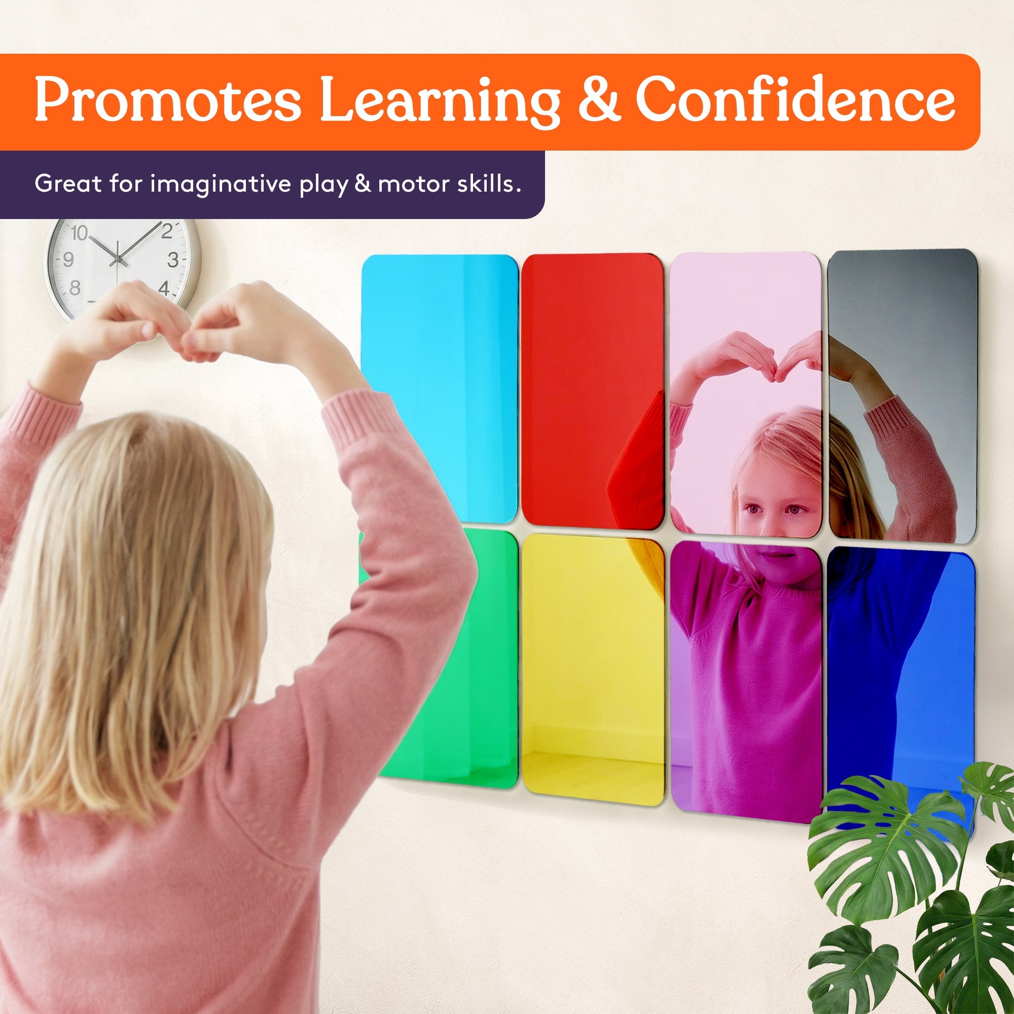 Sensory wall mirror pack of 8 shown in assorted bright colors for classroom or home use