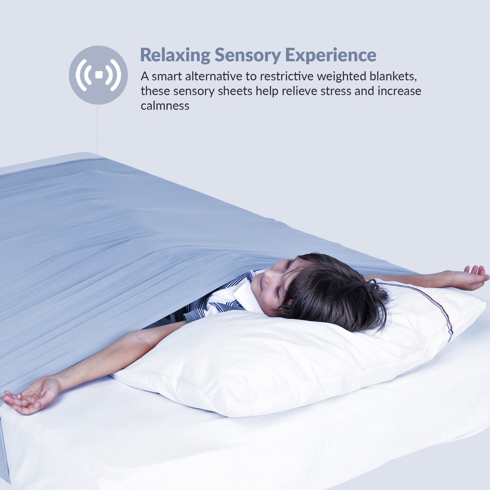 Child sleeping comfortably under the JahBri sensory compression bed sheet for deep-pressure calm