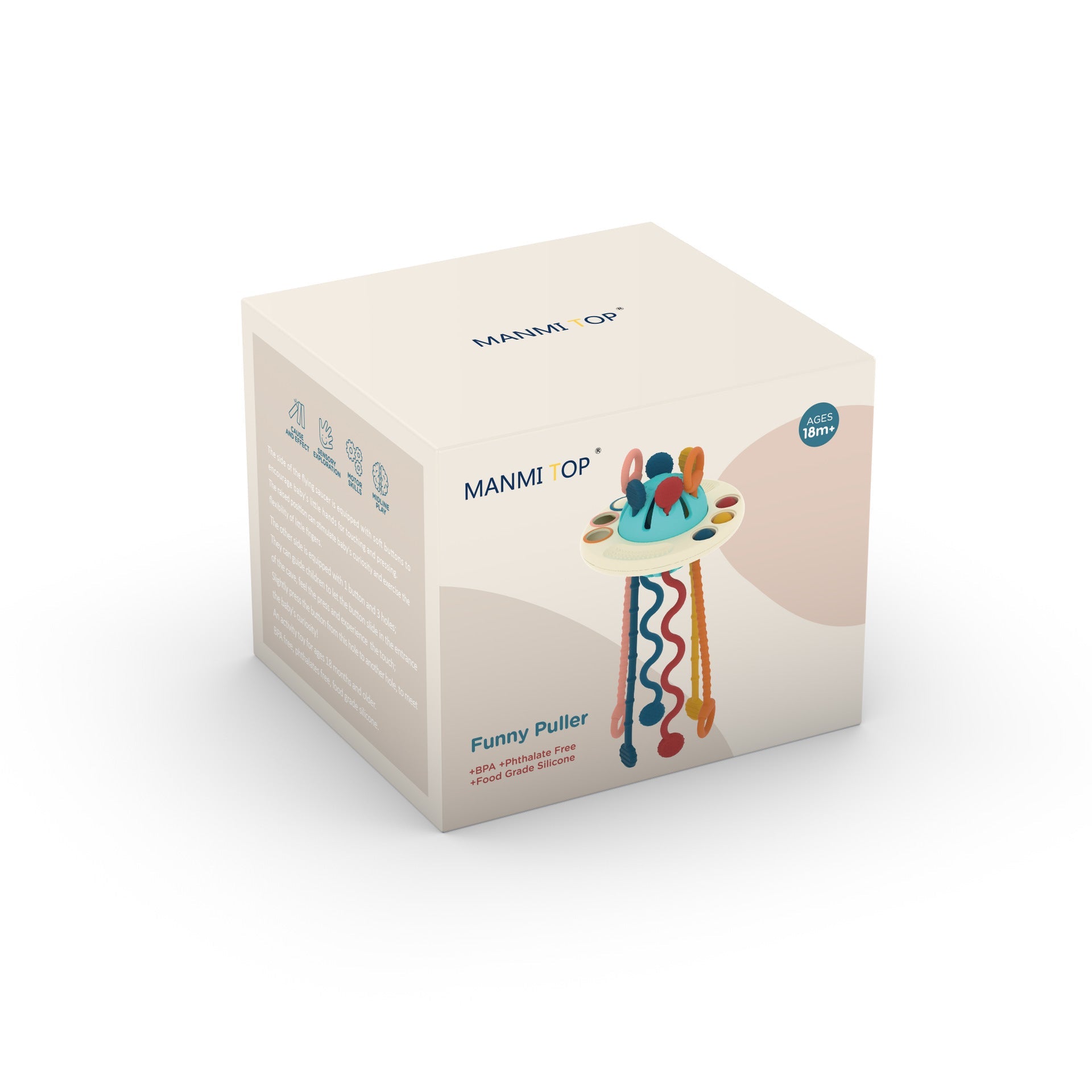 JahBri Silicone Finger Pull Sensory Toy packaging showing a multi-textured, colorful sensory and fine motor skills toy designed for children with autism and ADHD.