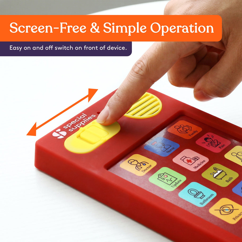 Close-up of the record button on the Talker Buddy communication device