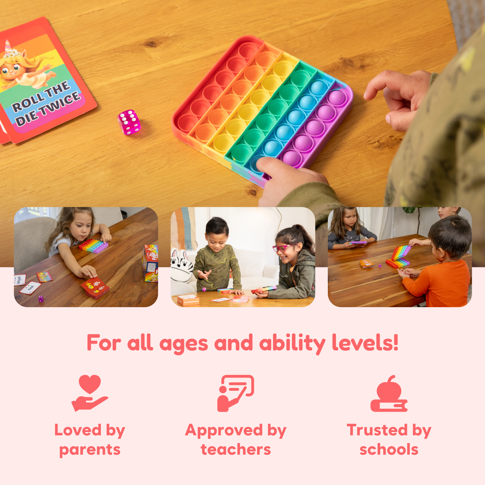 Child playing with a colorful rainbow pop-it fidget toy alongside cards and a die while using The Fidget Game: Sight Words Edition | Learning Card Game for Kids with ADHD & Sensory Needs at a wooden table.