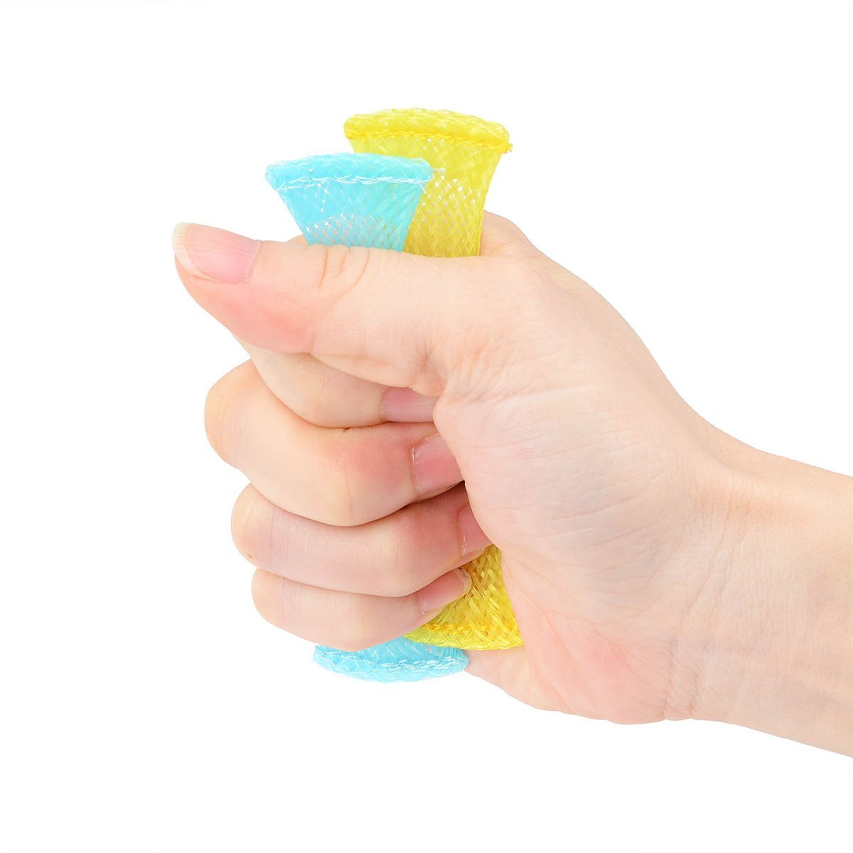 Hand squeezing two textured mesh tubes, one blue and one yellow, from the BOINKS! Soothing Fidget Toys for Autism/ADHD 6-Pack, designed as calming sensory toys for stress relief and fine motor skills.