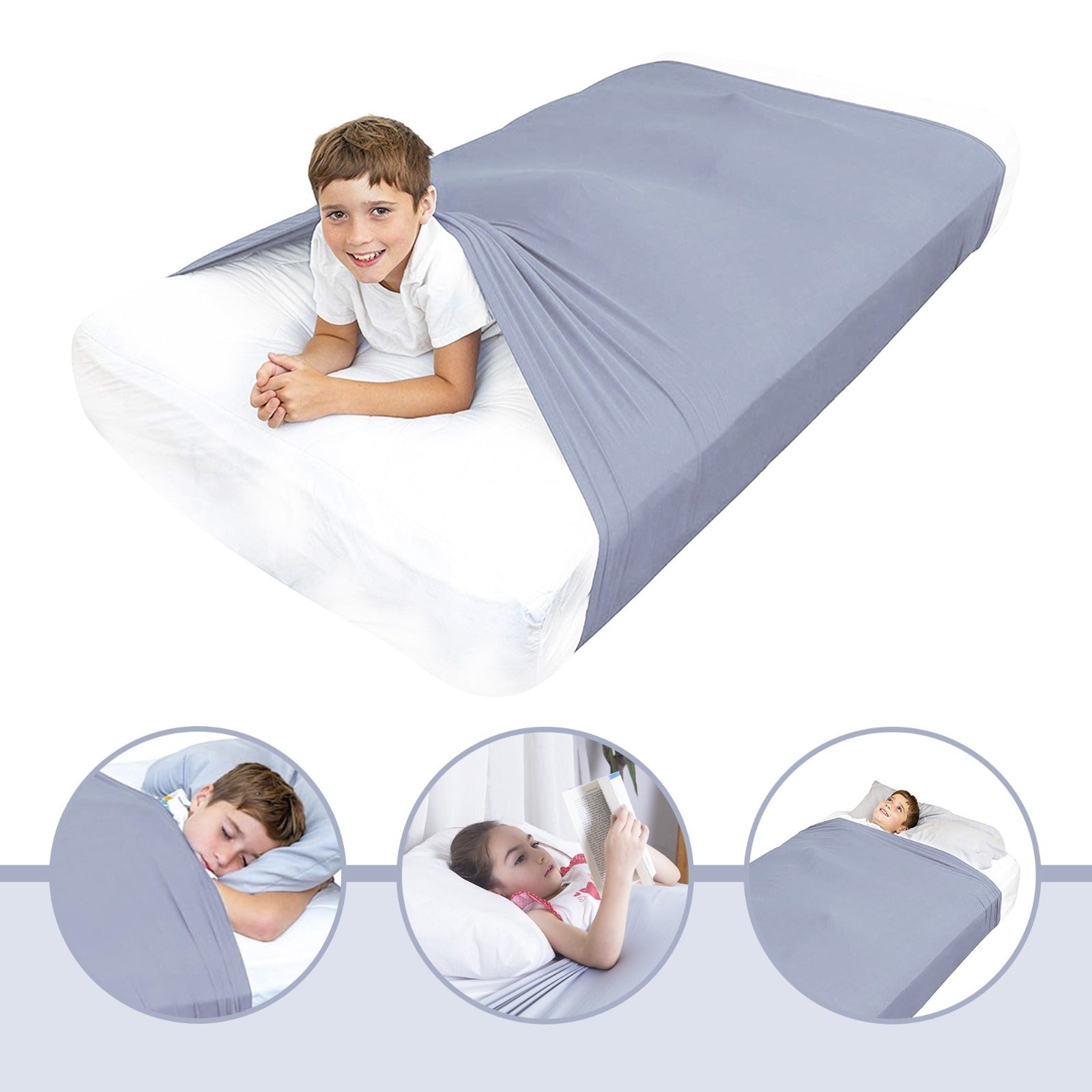 Diagram showing available sizes for the JahBri sensory compression bed sheet: Twin, Full, and Queen