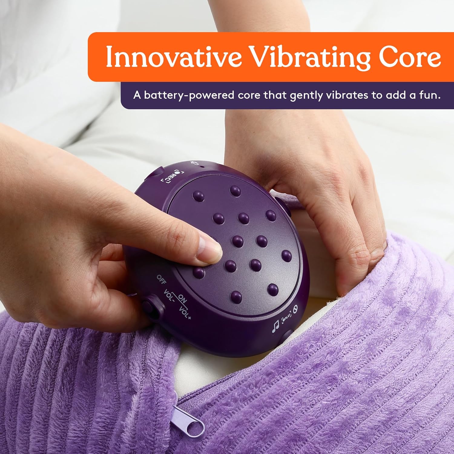 Vibrating sensory pillow shown with 3 vibration mode settings