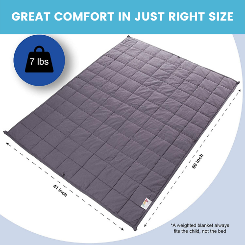 Blue Dream 7lb Kids Weighted Blanket | Calming Sensory Blanket for Ages 5–10 shown in gray with quilted design, measuring 41 by 60 inches for comfort and sensory calming.