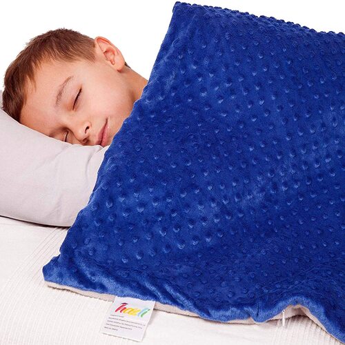 Young child peacefully sleeping covered with the Blue Dream 7lb Kids Weighted Blanket | Calming Sensory Blanket for Ages 5–10 in soft textured blue fabric.