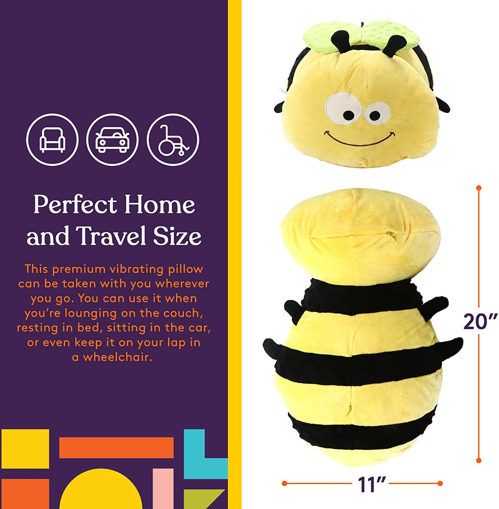 Sensory Vibrating Pillow - Bumble Bee plush pillow with soft yellow and black stripes, smiling bee face, designed for calming sensory support and travel comfort.