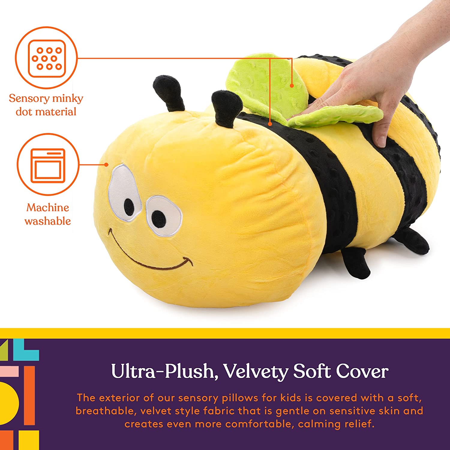 Sensory Vibrating Pillow - Bumble Bee with ultra-plush, velvety soft cover made from breathable sensory minky dot material, designed for calming sensory therapy and comfort.