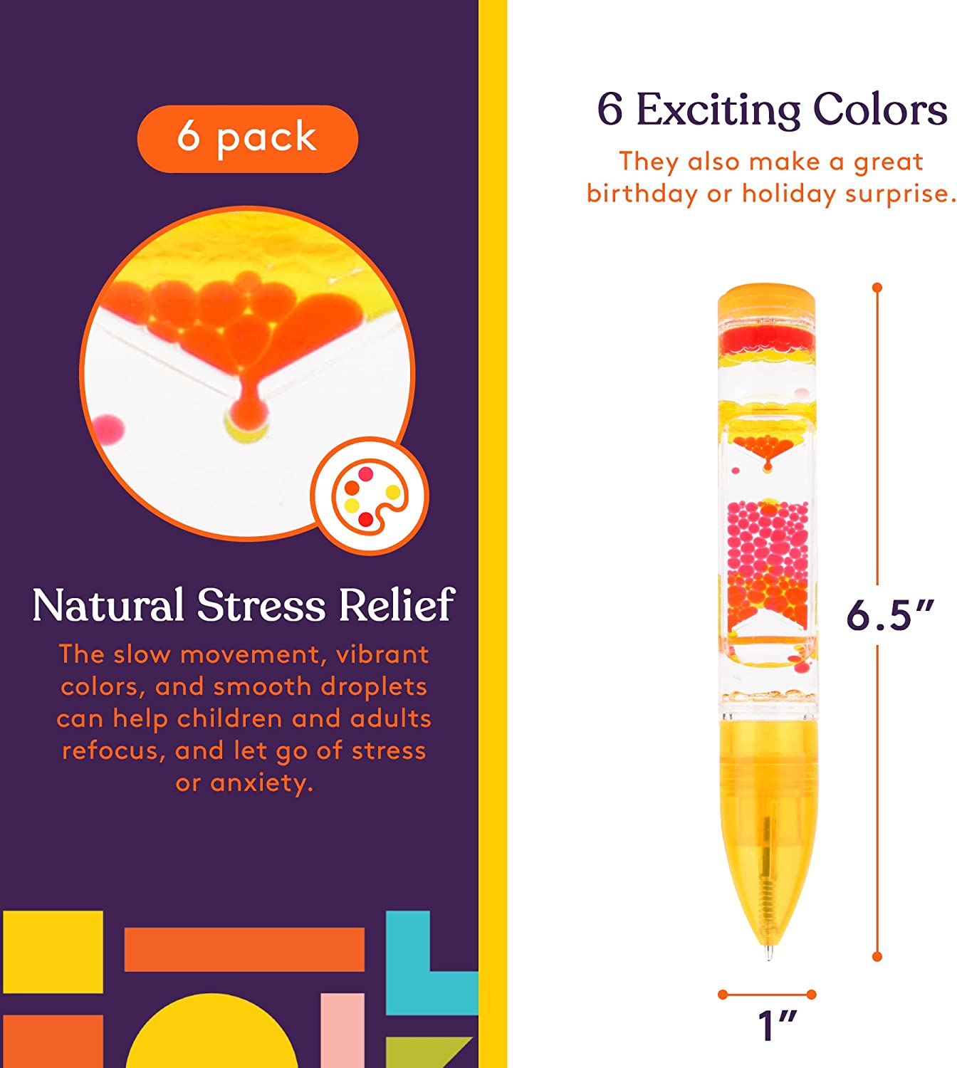 Set of six liquid motion sensory pens in assorted vibrant colors