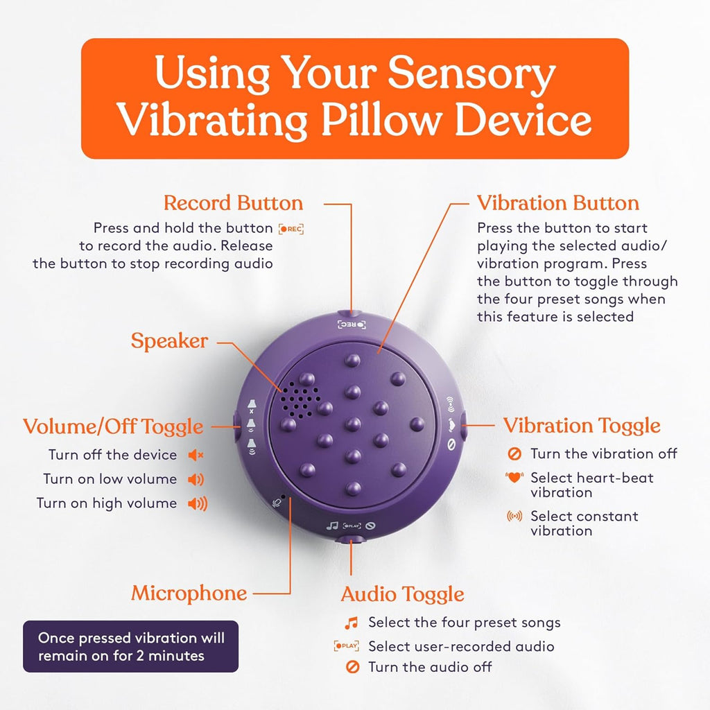 Child using vibrating sensory pillow for sleep and travel comfort