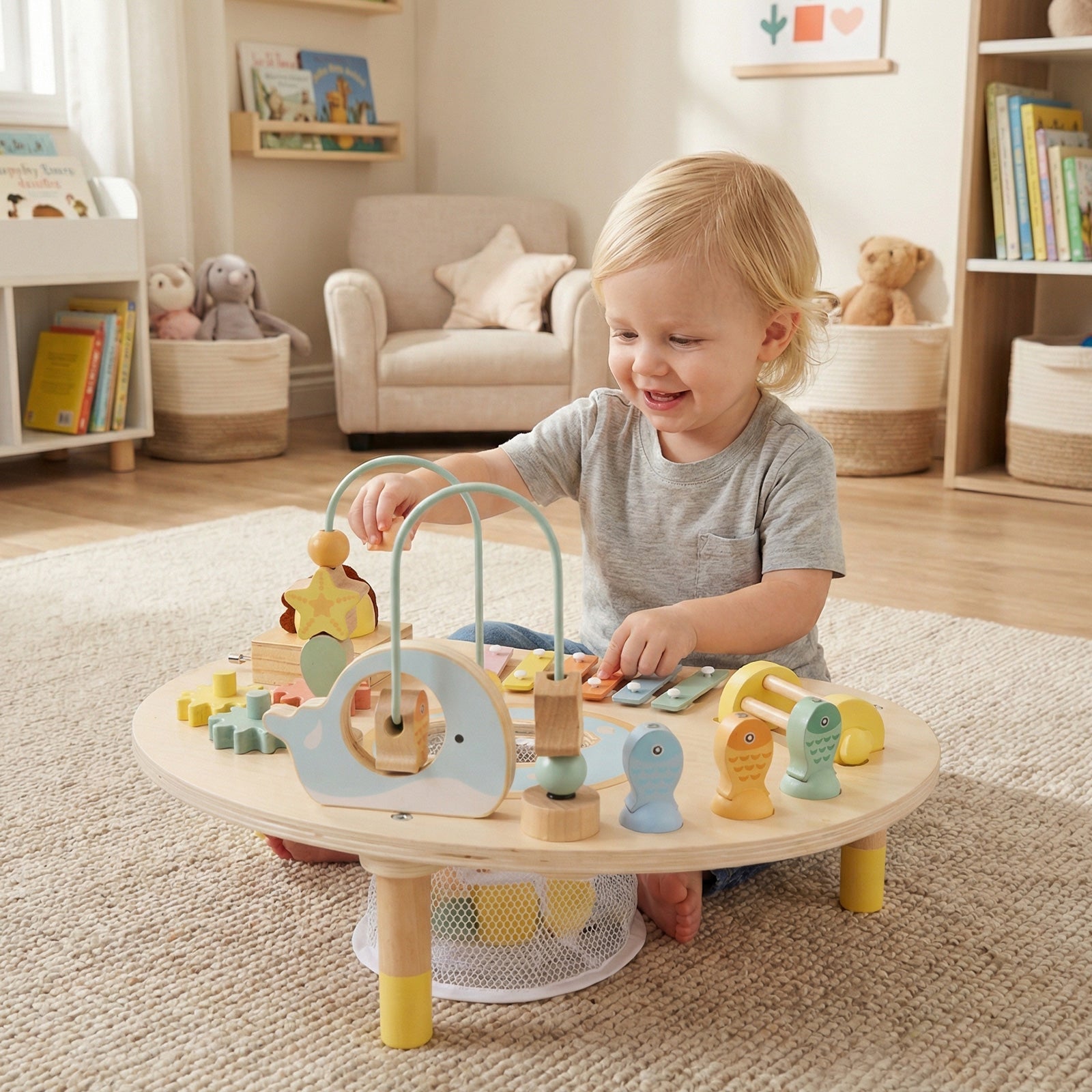 A toddler playing happily with the 7-in-1 Montessori Activity Table | Wooden Musical Sensory Play Table for 12 Months+ in a cozy, well-lit room with toys and bookshelves.