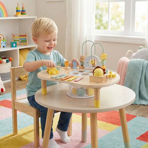 A toddler playing happily at a 7-in-1 Montessori Activity Table | Wooden Musical Sensory Play Table for 12 Months+ with colorful wooden shapes and interactive sensory toys in a bright, cozy room.
