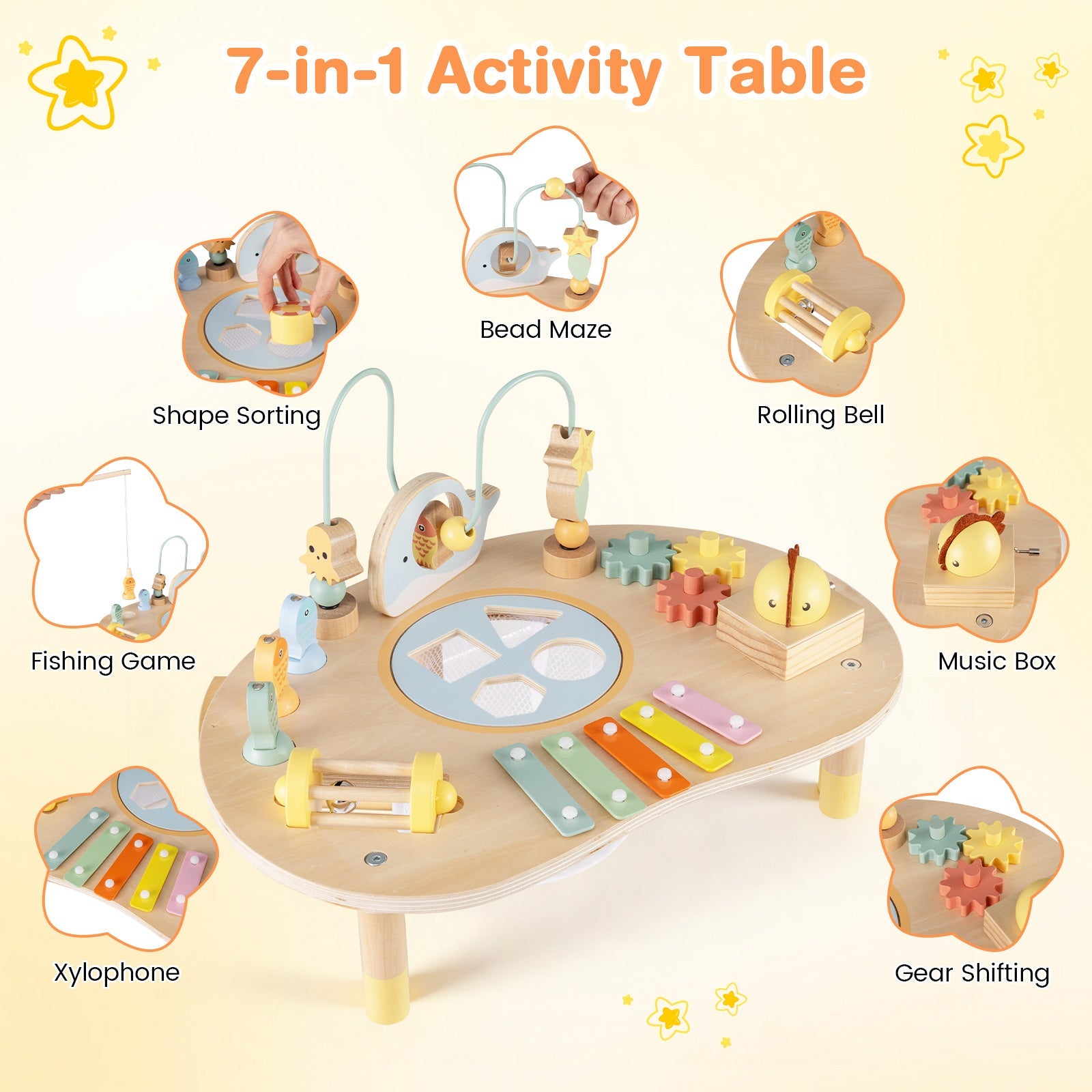 7-in-1 Montessori Activity Table | Wooden Musical Sensory Play Table for 12 Months+ featuring shape sorting, bead maze, rolling bell, fishing game, music box, xylophone, and gear shifting activities for fine motor skills development.
