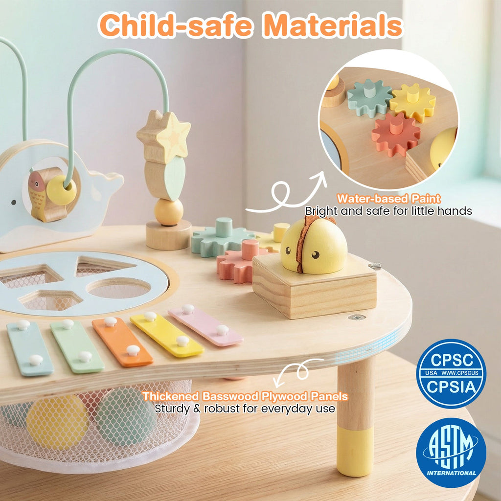 7-in-1 Montessori Activity Table | Wooden Musical Sensory Play Table for 12 Months+ featuring child-safe materials, water-based paint, thickened basswood plywood panels, colorful gears, xylophone keys, and sensory bead maze.