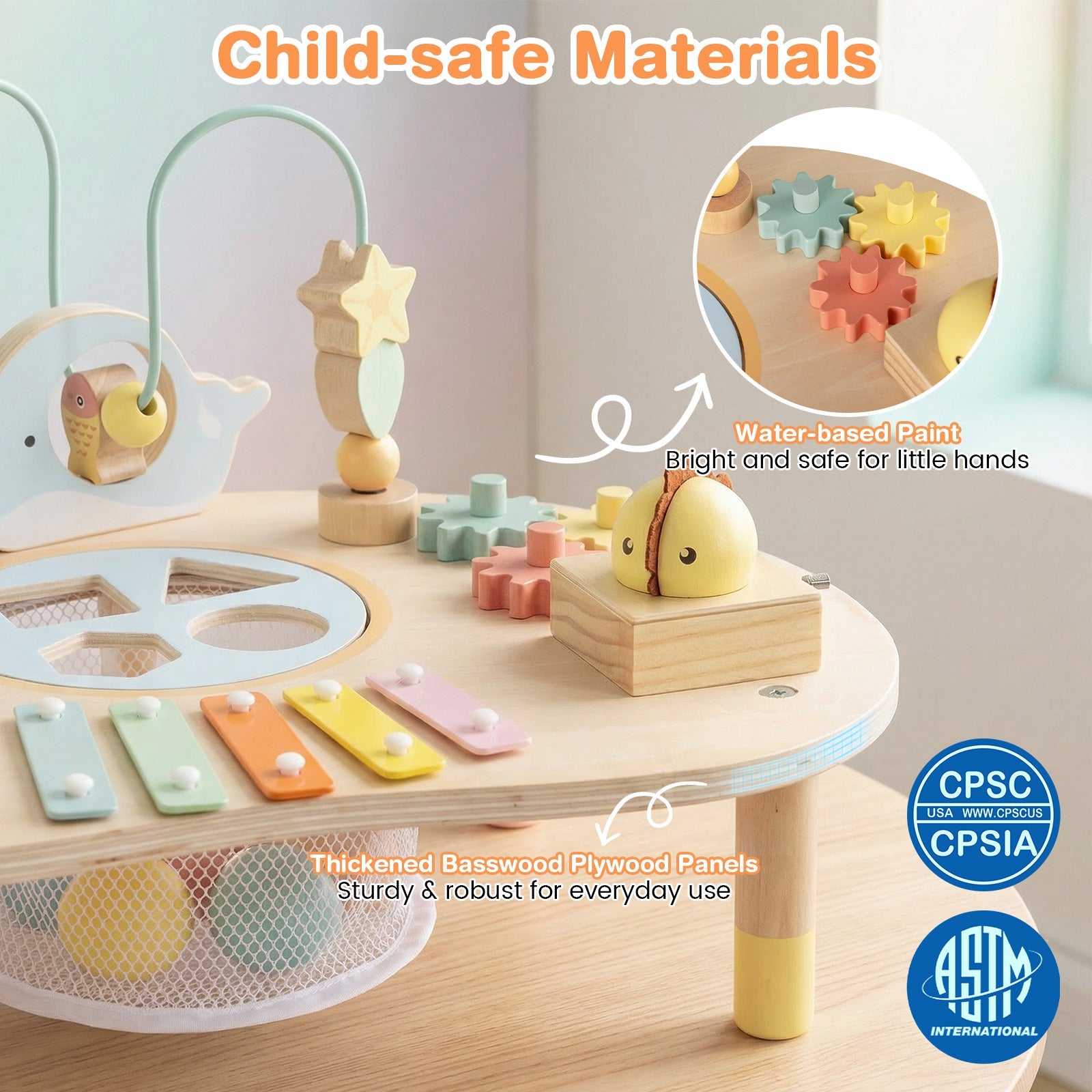 7-in-1 Montessori Activity Table | Wooden Musical Sensory Play Table for 12 Months+ featuring child-safe materials, water-based paint, thickened basswood plywood panels, colorful gears, xylophone keys, and sensory bead maze.