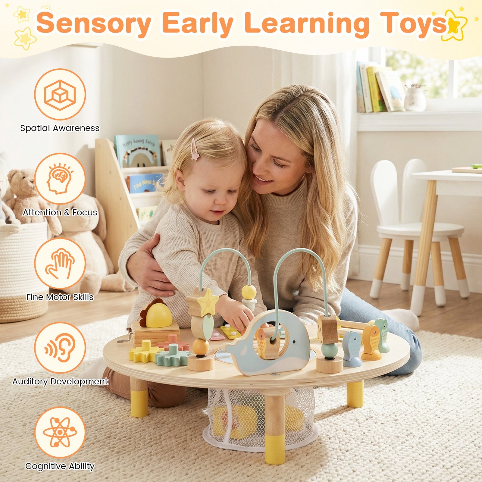 A mother and toddler playing together with the 7-in-1 Montessori Activity Table | Wooden Musical Sensory Play Table for 12 Months+ that promotes sensory early learning skills.