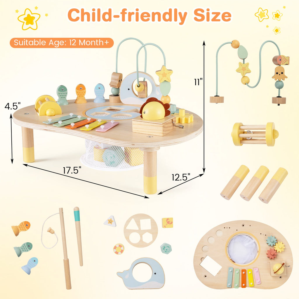 7-in-1 Montessori Activity Table | Wooden Musical Sensory Play Table for 12 Months+ with child-friendly size features multiple interactive sensory and musical elements designed to develop fine motor skills.