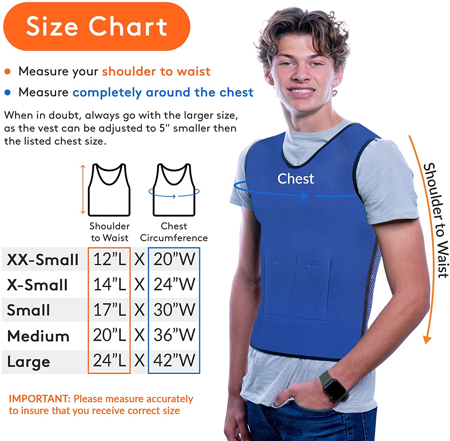 Young male model wearing a blue WEIGHTED - Sensory Compression Vest for Kids with Processing Disorders ADHD and Autism Calming and Supportive with Adjustable Weight Fit beside a size chart showing shoulder to waist and chest measurements for accurate sizing.