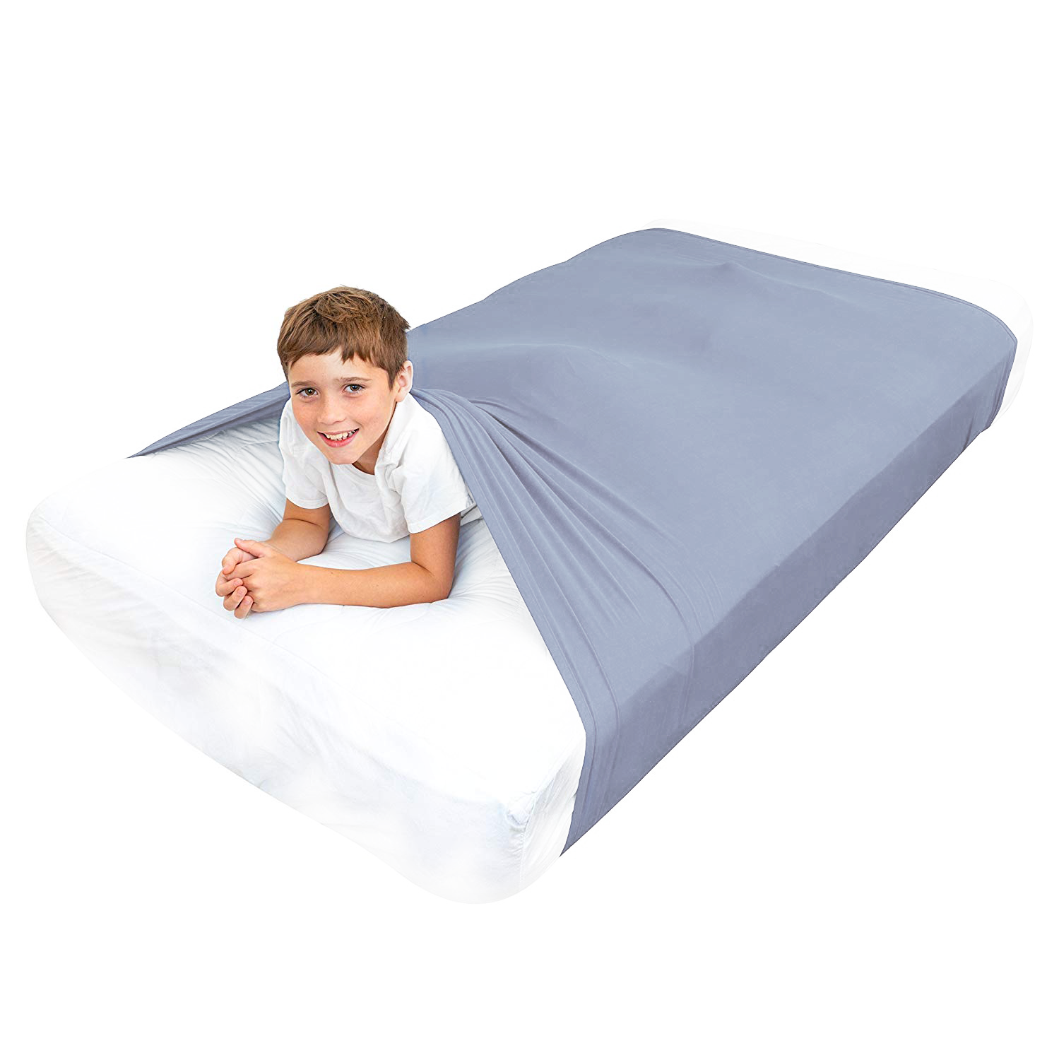 Close-up of JahBri sensory compression bed sheet fabric texture in gray