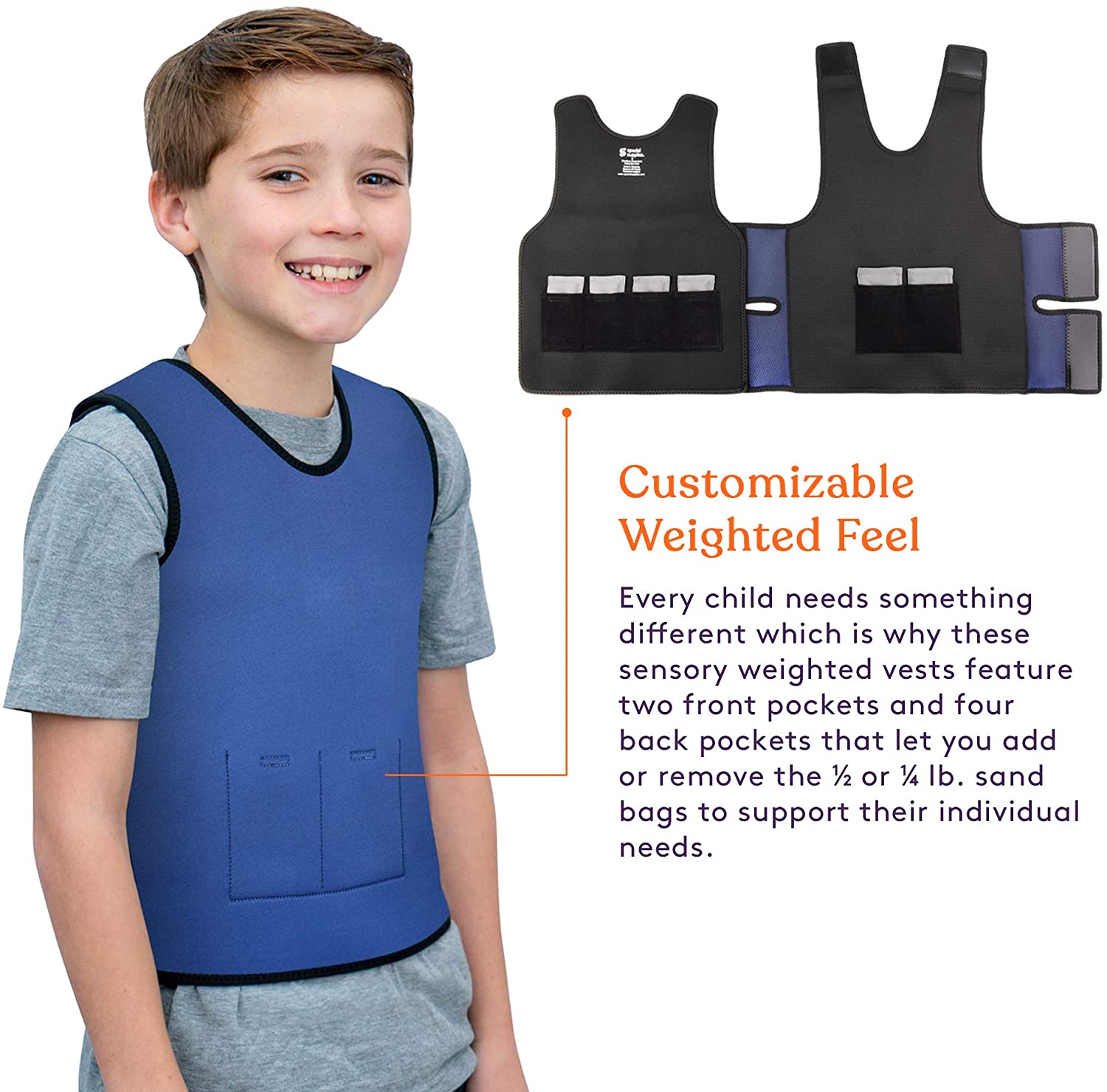 Young boy wearing a blue WEIGHTED - Sensory Compression Vest for Kids with Processing Disorders ADHD and Autism Calming and Supportive with Adjustable Weight Fit, shown alongside the vest with open pockets for adjustable sandbag weights for personalized sensory support.