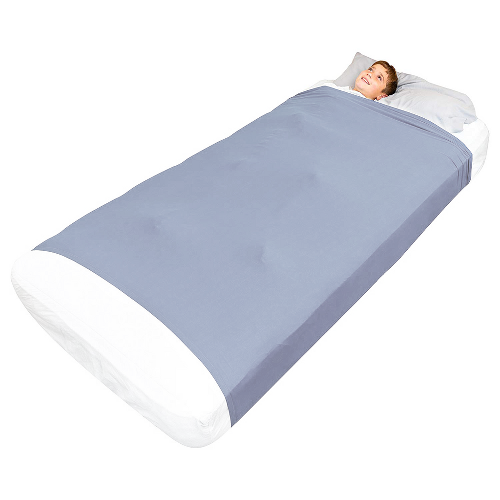 JahBri sensory compression bed sheet packaging shown in gray