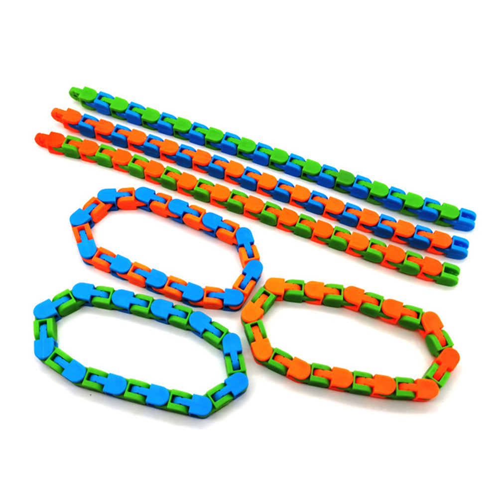 Three colorful Fidget Chain Bracelet | Wearable Bike Chain Stress Relief Toy for Adults & Teens in blue, orange, and green designed as sensory fidget toys for stress relief and fine motor skills.