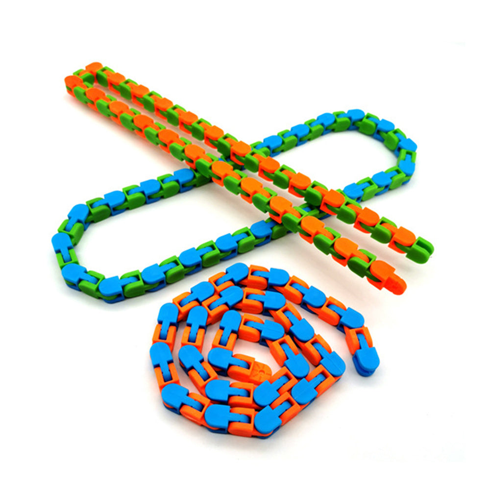 Fidget Chain Bracelet | Wearable Bike Chain Stress Relief Toy for Adults & Teens in bright blue, orange, and green colors designed as a sensory and calming fidget toy.