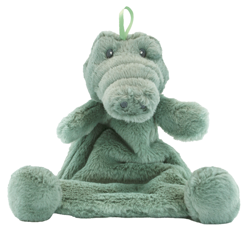 Soft green plush alligator toy designed for babies with multiple textures and crinkle features in the Crinkle Cuddler Sensory Plush Gator | Baby Sensory Toy for Soothing & Stimulation.