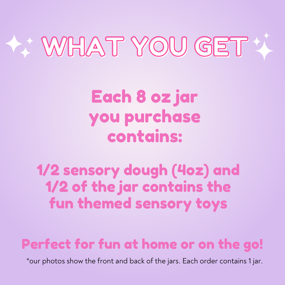 Text image explaining contents of each 8 oz jar in Dinosaur Playdough Sensory Kit | Natural Dough with Dino Fossils & Surprises, including half sensory dough and half fun themed sensory toys, suitable for home or travel.
